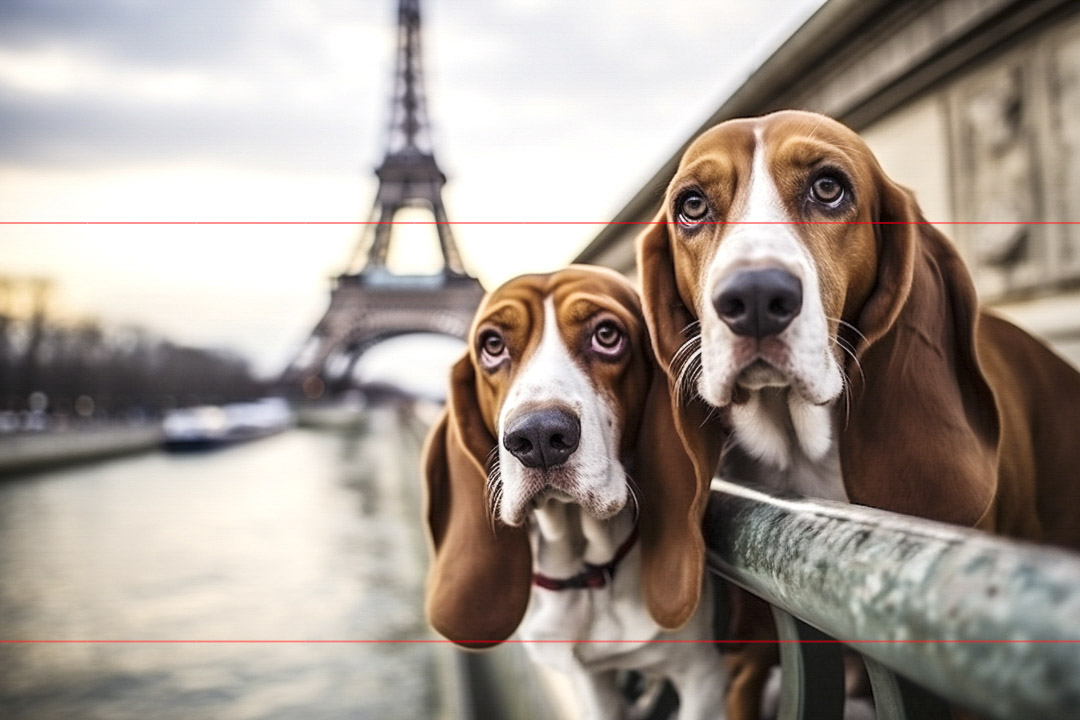 2 Basset Hounds hang over bridge on the river Seine in front of Eiffle Tower.